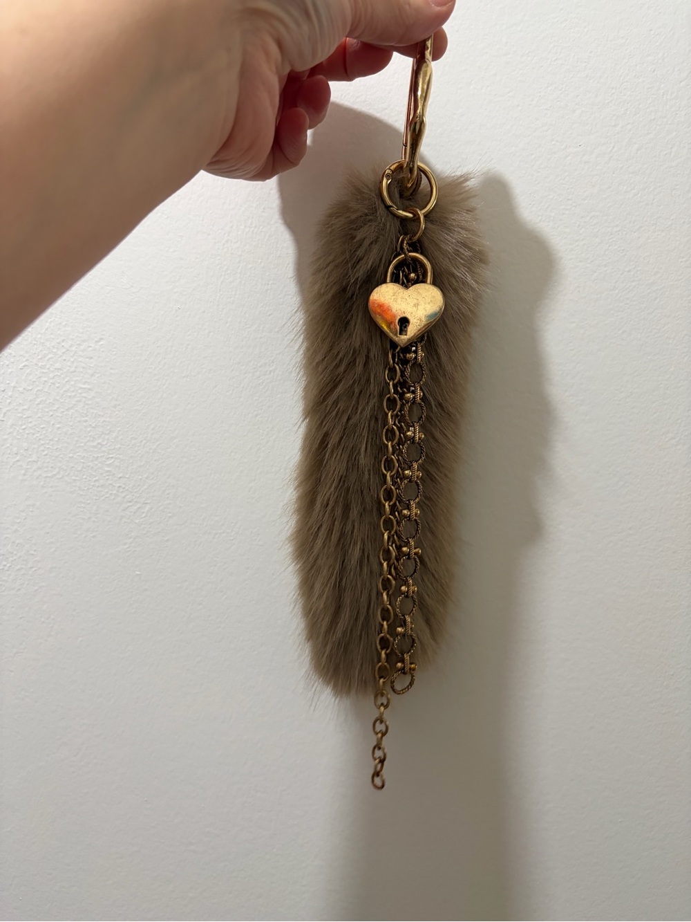 Free People Taupe Faux Fur Pom Keyring with Gold Chains - Picture 3 of 4